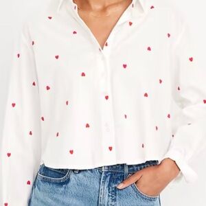 Old Navy White Button-Down Shirt with Red Heart Print